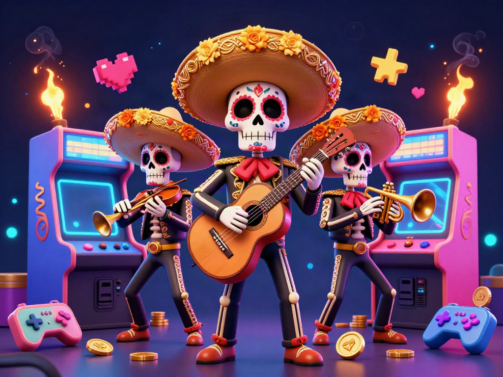 Experience thrilling gaming action with vipwin's mariachi band surrounded by vibrant arcade elements.