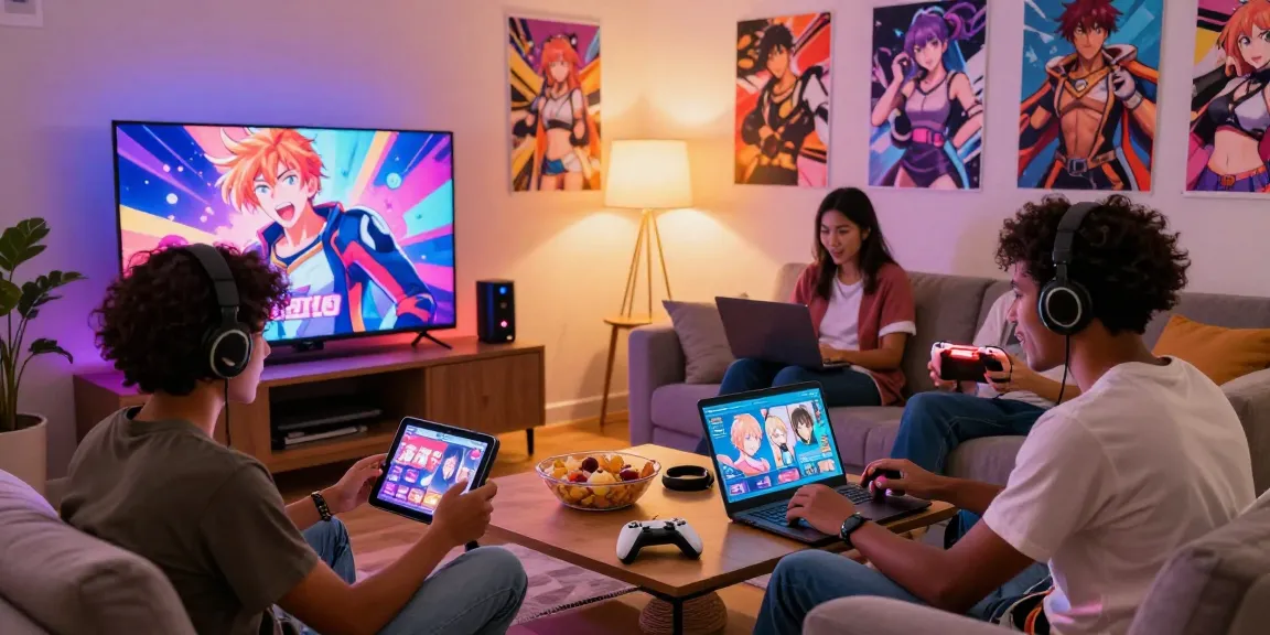Gamers playing hentai games in a cozy living room with colorful decor.