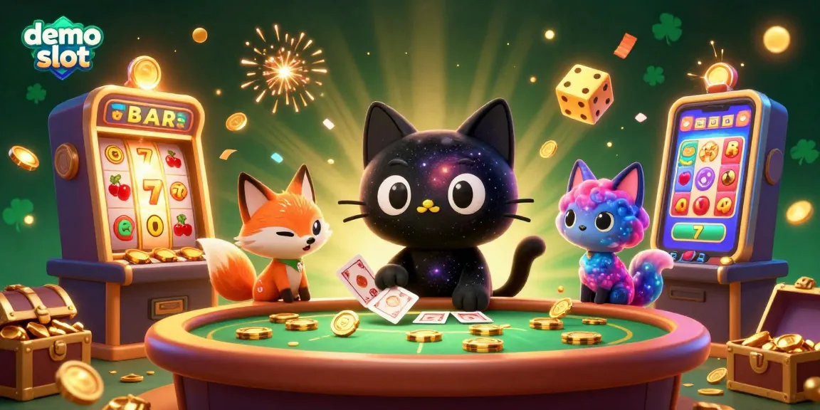 Engage with demo slot excitement as a cosmic cat and nebula fox lead the jackpot chase in a vibrant casino scene.