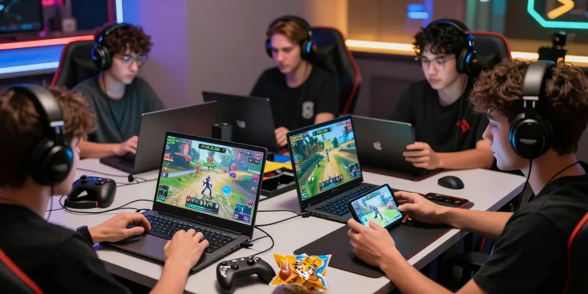 BATIK88 GAMES - Pemain terlibat dalam gameplay online dengan berbagai perangkat di lingkungan yang energik dan modern.