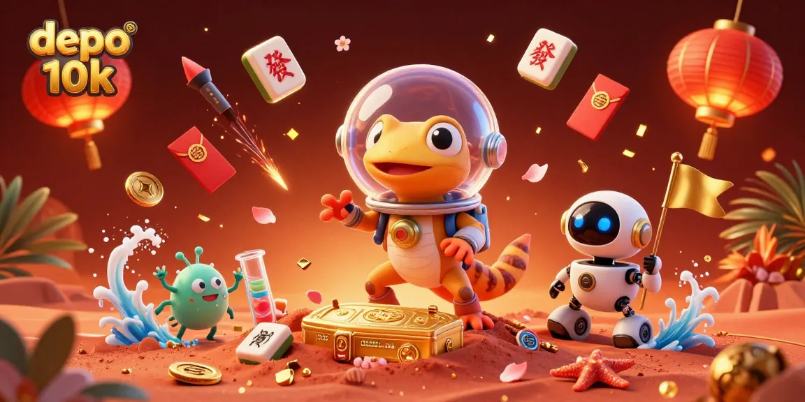 Engage with exciting slots at depo 10k, featuring animated characters discovering a golden casino.