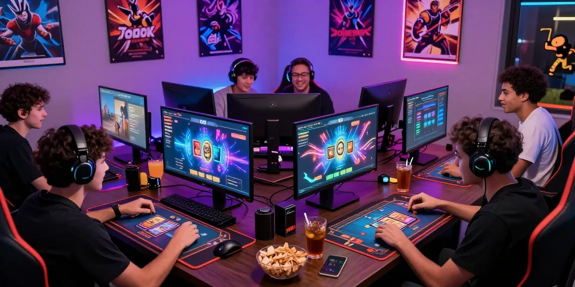 Gamers enjoying sunwin multiplayer card game in a vibrant gaming setup filled with LED lights.