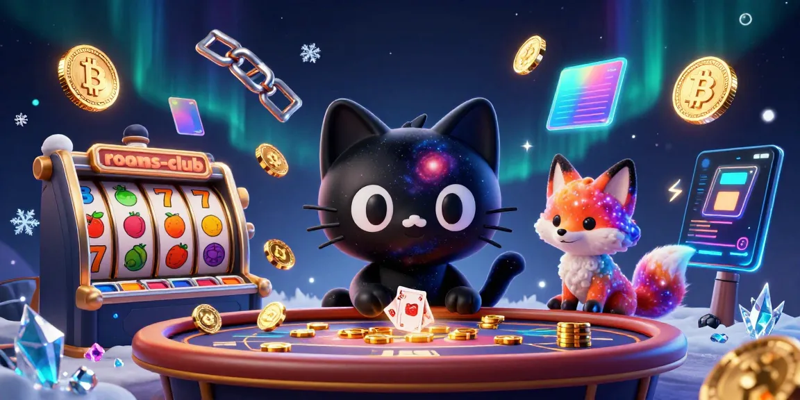 Gambarlah karakter kucing hitam berbentuk lubang hitam dan rubah nebula di meja kasino rooms-club menyedot chip emas.