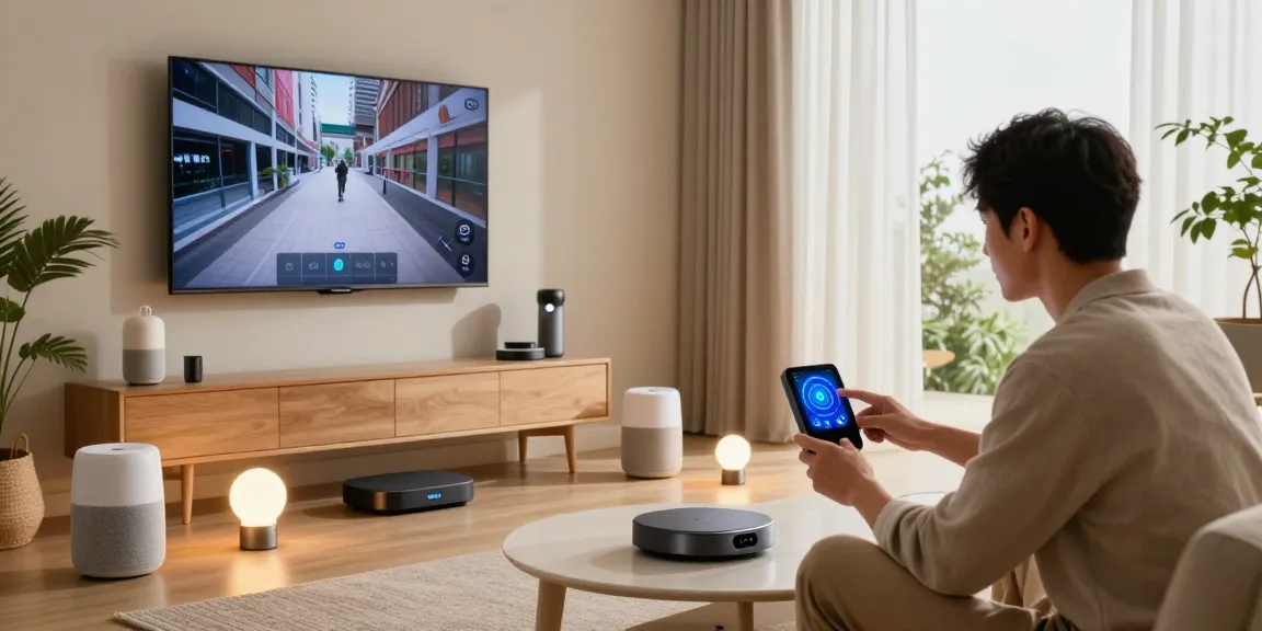 Best smart home gadgets 2026 showcased in a stylish living room with smart hub, lighting, and connected devices.