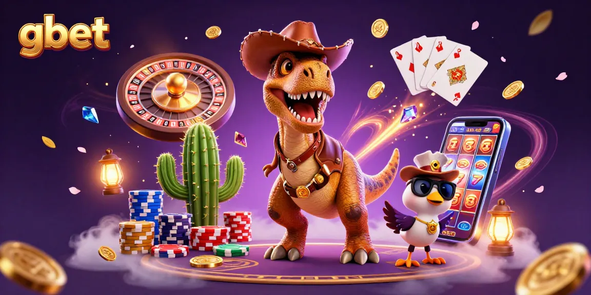 Experience thrilling gaming with gbet as a cowboy dinosaur and friends celebrate in a vibrant casino scene.