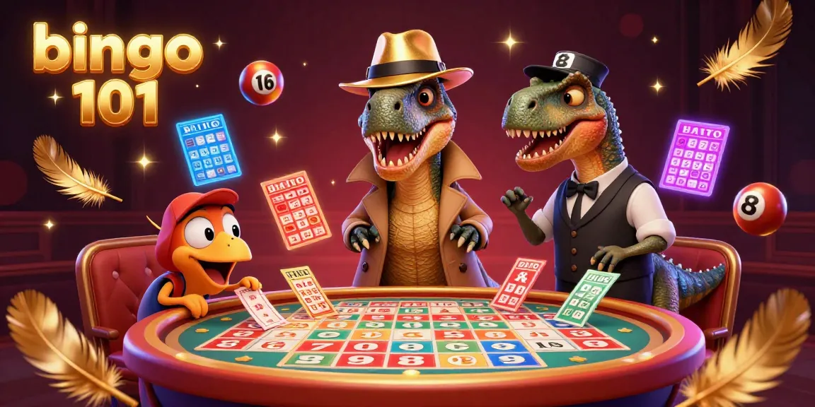 Bingo 101 scene featuring a cartoon velociraptor at a bingo table, with vibrant cards and festive decor.