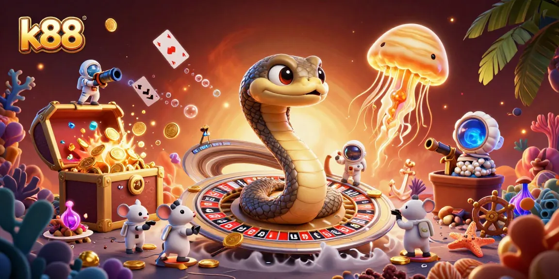 Engage in exciting bets at k88, where a whimsical cosmic scene features an astronaut mouse gambling on a roulette wheel.