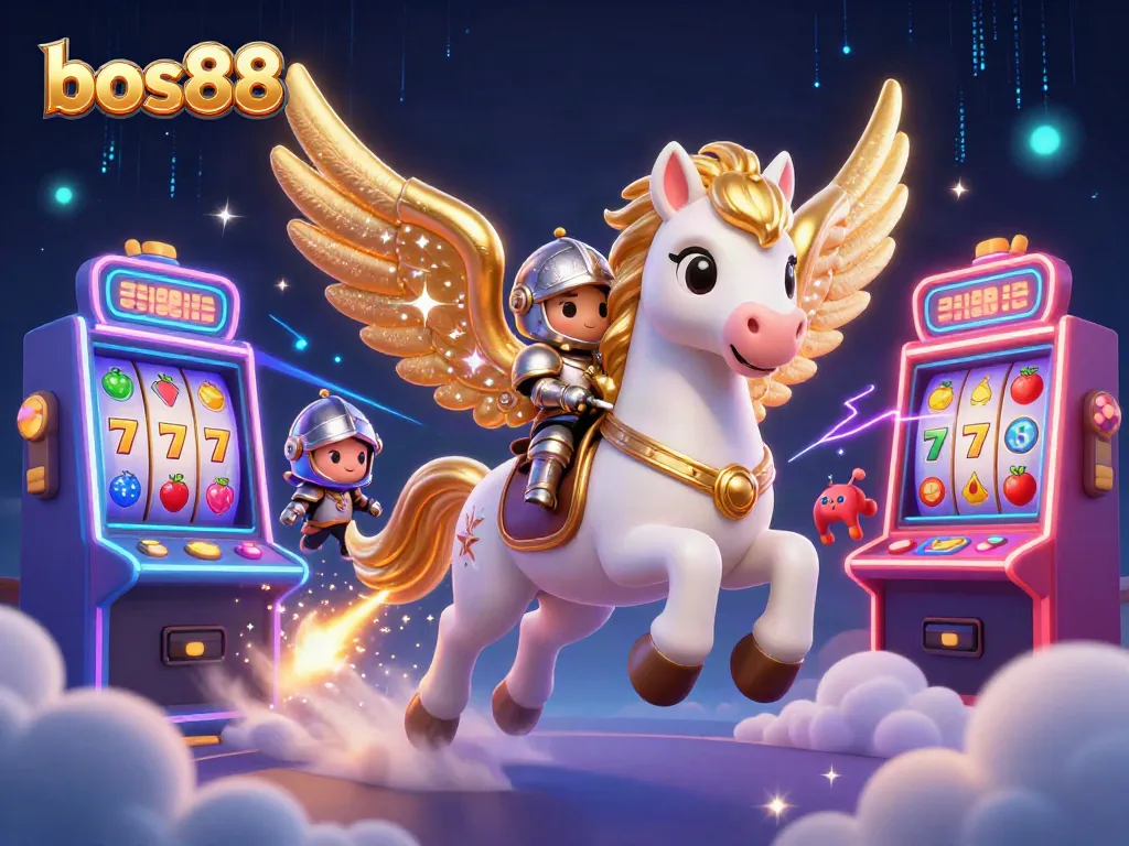 Play thrilling slot games at bos88 with an enchanting knight riding a celestial horse in a magical casino world.