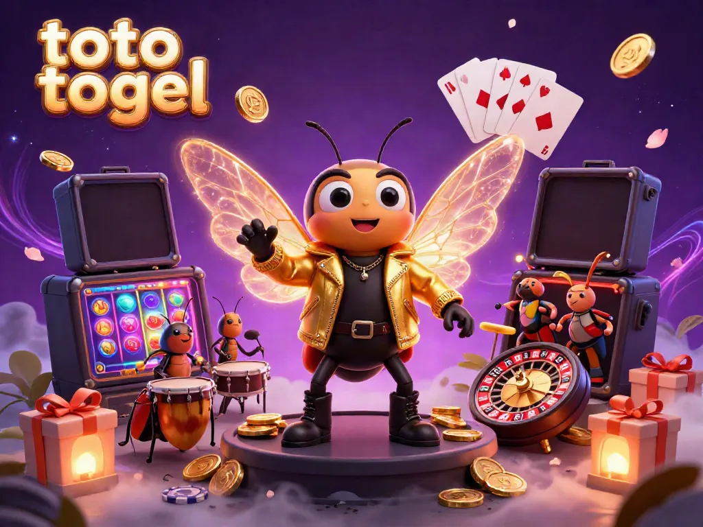 Experience the excitement of toto togel with a rock star cicada and vibrant gaming elements in 3D.