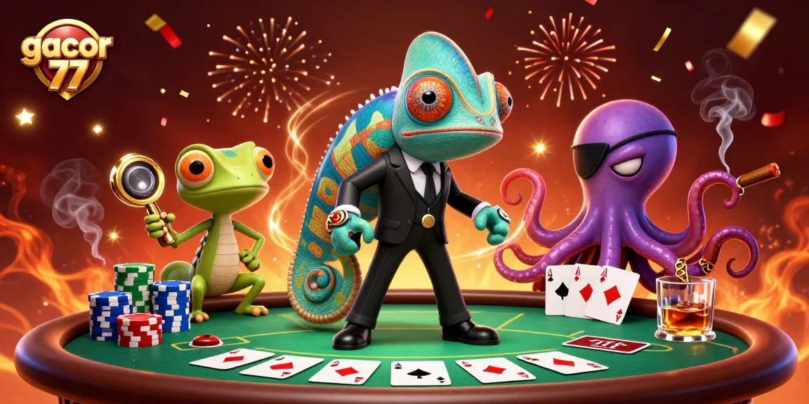 Gacor 77 menghadirkan suasana permainan poker yang mendebarkan dengan karakter penuh warna dan energi.