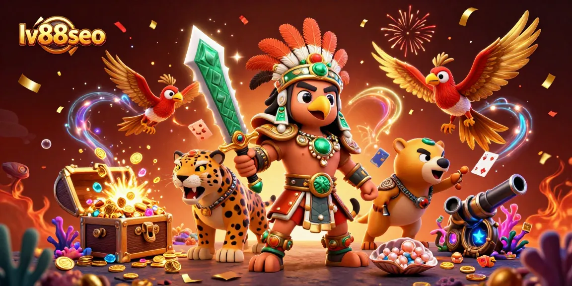 Spin the reels with lv88seo's vibrant gaming scene featuring explosive treasure and dynamic characters.