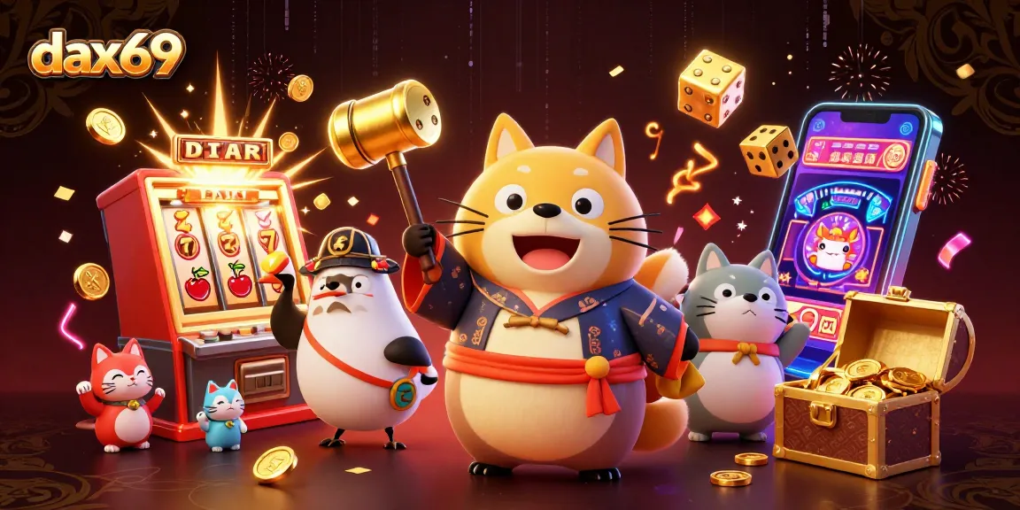 Dax69 menciptakan suasana slot gacor dengan tanuki ceria, simbol jackpot berkilauan, dan kucing keberuntungan di latar belakang.
