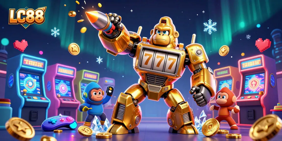 Experience exciting gaming at LC88 with a dynamic 3D golden gorilla mech and colorful arcade elements.