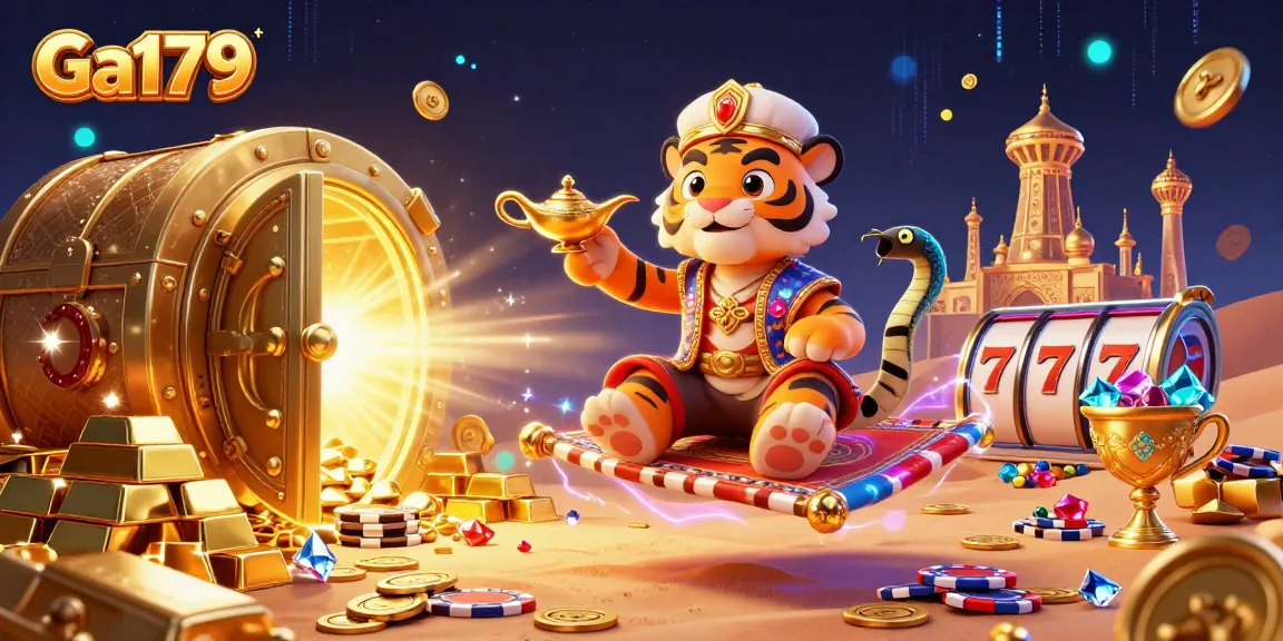 Engage in thrilling gameplay with Ga179, featuring an Arabian-themed casino scene bursting with treasures and slot games.