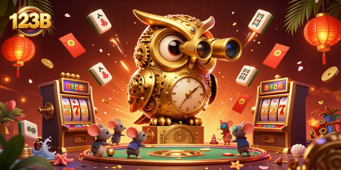 Experience thrilling gaming at 123B with engaging characters like a golden owl and lively casino elements.