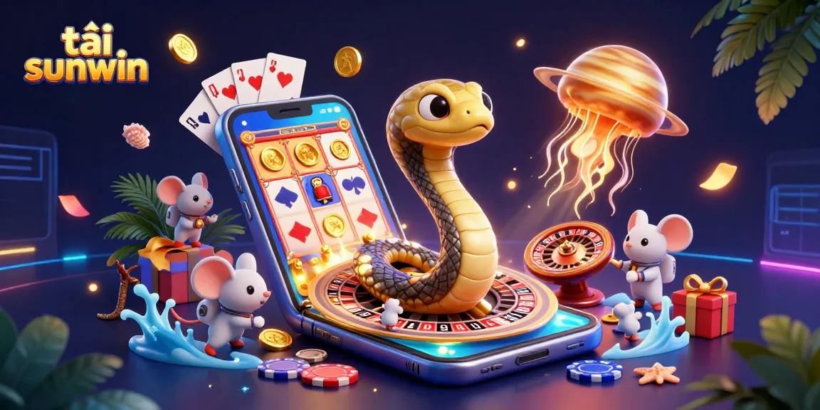 Experience the thrill of tải sunwin with a vibrant casino scene featuring a coiled Saturn ring snake and adventurous astronaut mice.