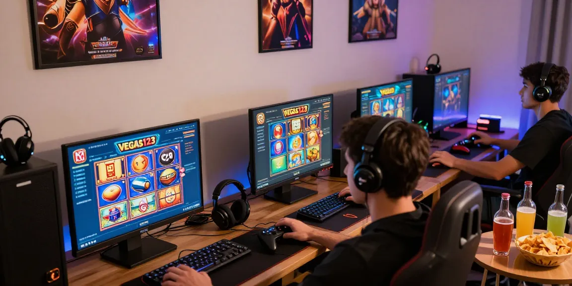 Pengalaman bermain di vegas123 dengan gamers di ruangan nyaman, menampilkan tampilan slot dengan aksesori bermain.