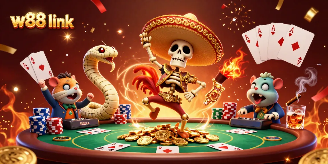 Experience w88 link with a dynamic scene of characters celebrating around poker elements and gold coins.
