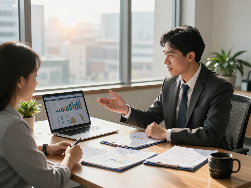 Financial advisor discussing options with client planning to deposit 10k for smart investments.