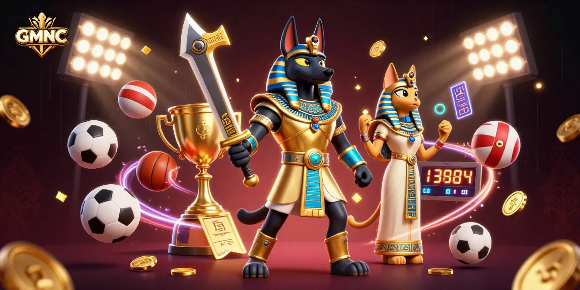 GMNC sports betting illustration featuring Anubis and Bastet with dynamic elements and rich visuals.