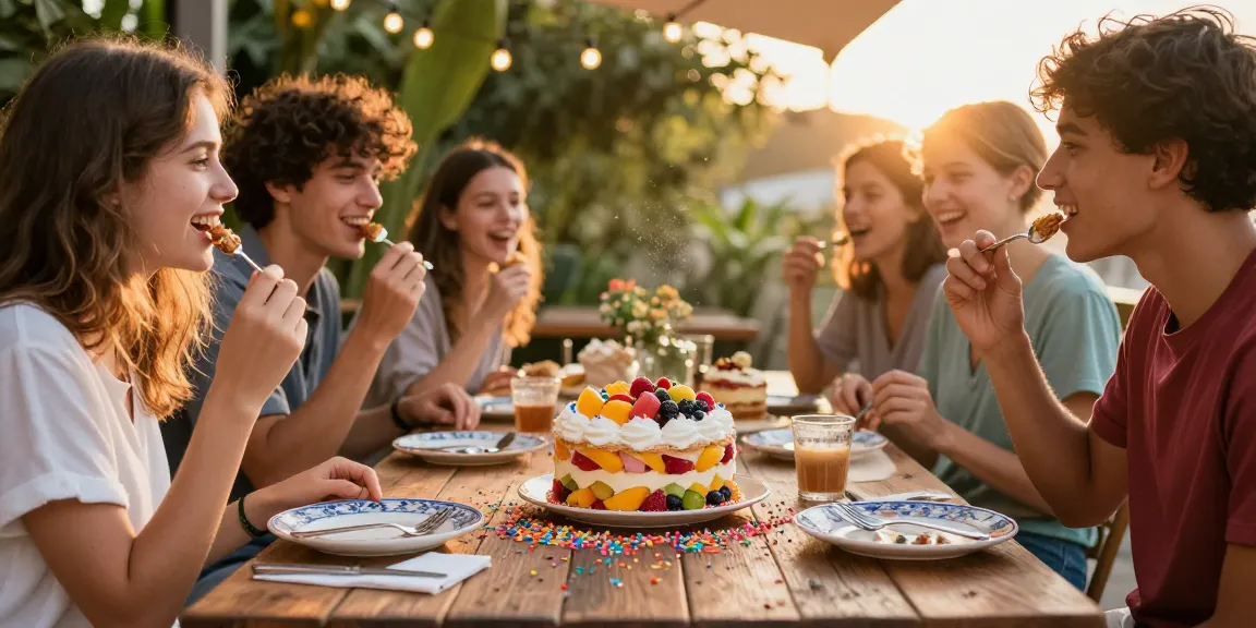 Celebrate with vibrant Sweet Bonanza cake shared among friends at a café.