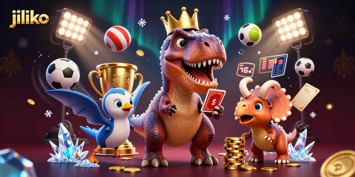 Experience thrilling gameplay with jiliko, featuring friendly dinosaurs enjoying card games and stacking chips.