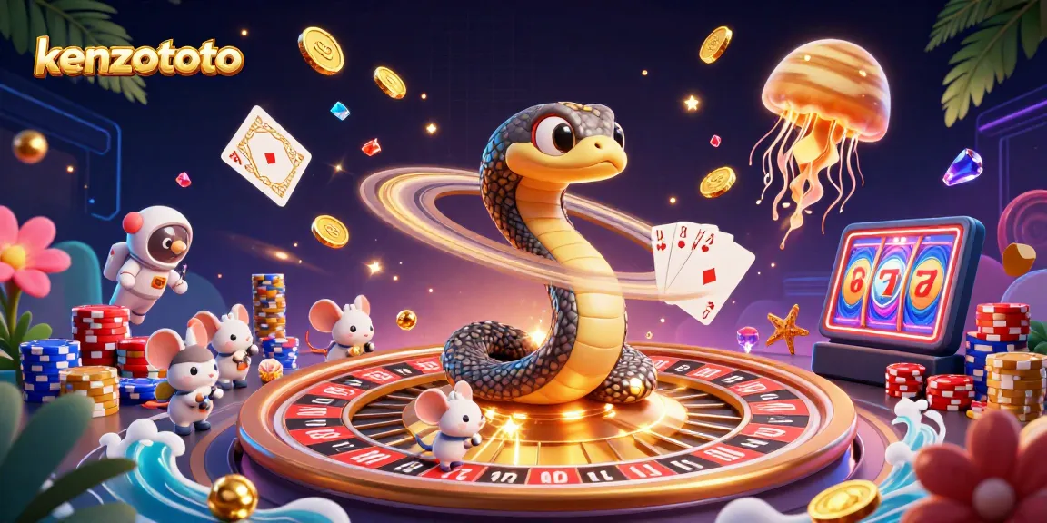 Kenzototo players enjoying a vibrant 3D casino illustration featuring a Saturn ring snake and cosmic dealer.