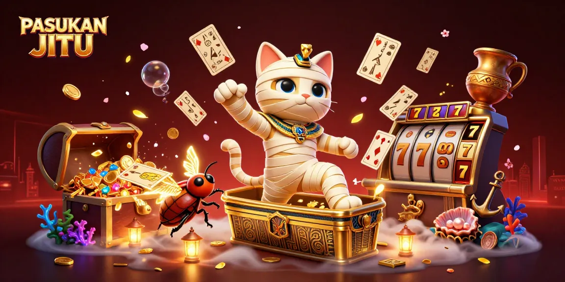 PASUKAN JITU features a vibrant 3D scene with an Egyptian mummy cat and scarab beetle in an exciting casino.
