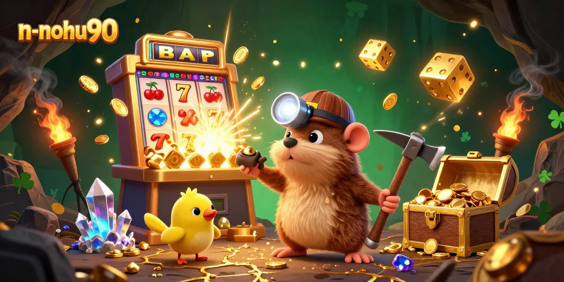 Experience the excitement of n-nohu90 with vibrant slot machines and treasure in a dynamic scene.