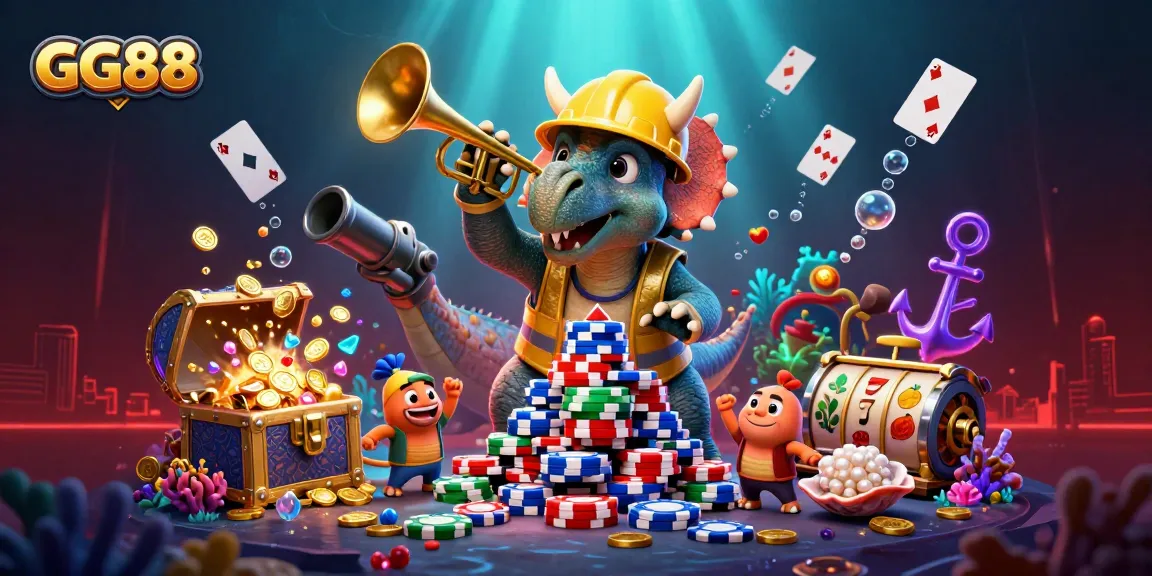 Build a winning strategy with GG88, featuring a triceratops and vibrant casino elements.