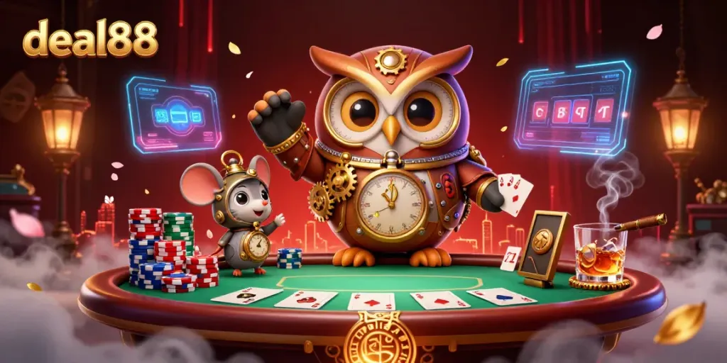 Engage with deal88 amid a vibrant 3D casino world featuring a time-traveler owl and poker elements.
