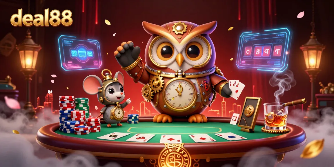 Engage with deal88 amid a vibrant 3D casino world featuring a time-traveler owl and poker elements.