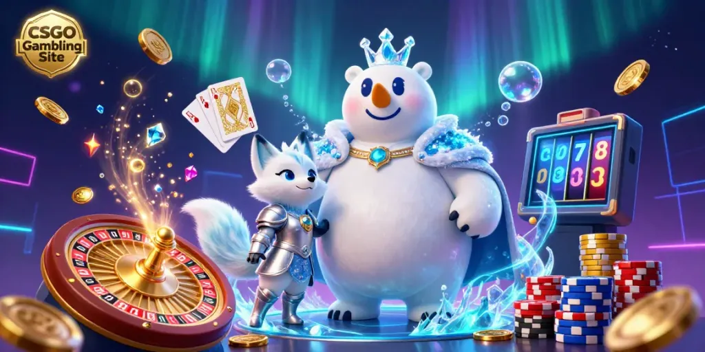 Colorful illustration of CSGO Gambling Site with a polar bear and fox amid coins, cards, and roulette elements.