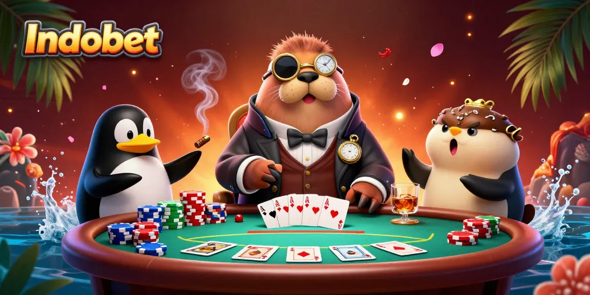 Indobet menampilkan walrus ceria bermain poker di bawah laut.