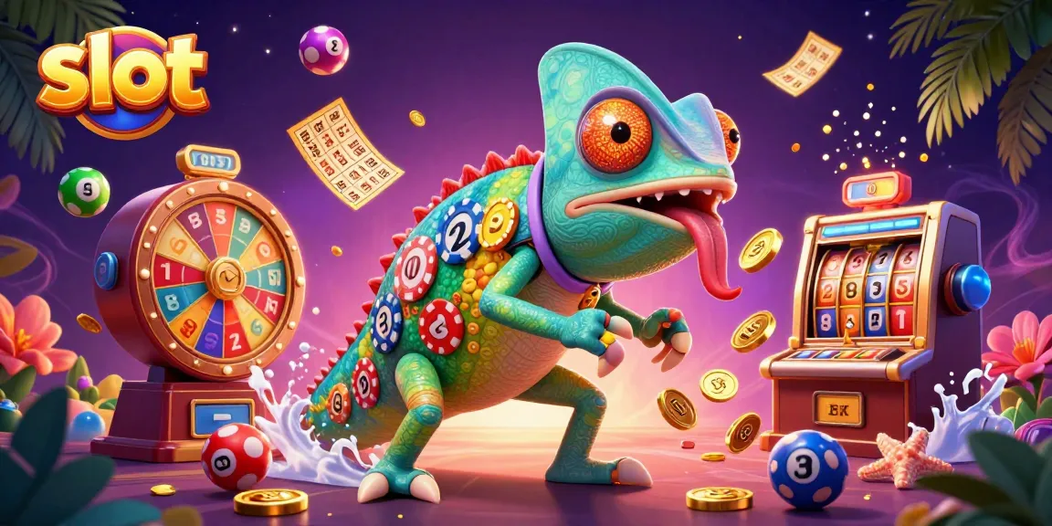 Mendapatkan slot dengan koin emas terbang sambil dikelilingi bola lotere warna-warni dalam ilustrasi kasino ceria.