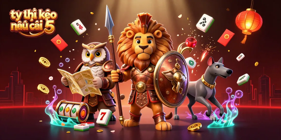 Engage with tỷ lệ kèo nhà cái 5 in this vibrant 3D casino-themed illustration brimming with characters and elements.