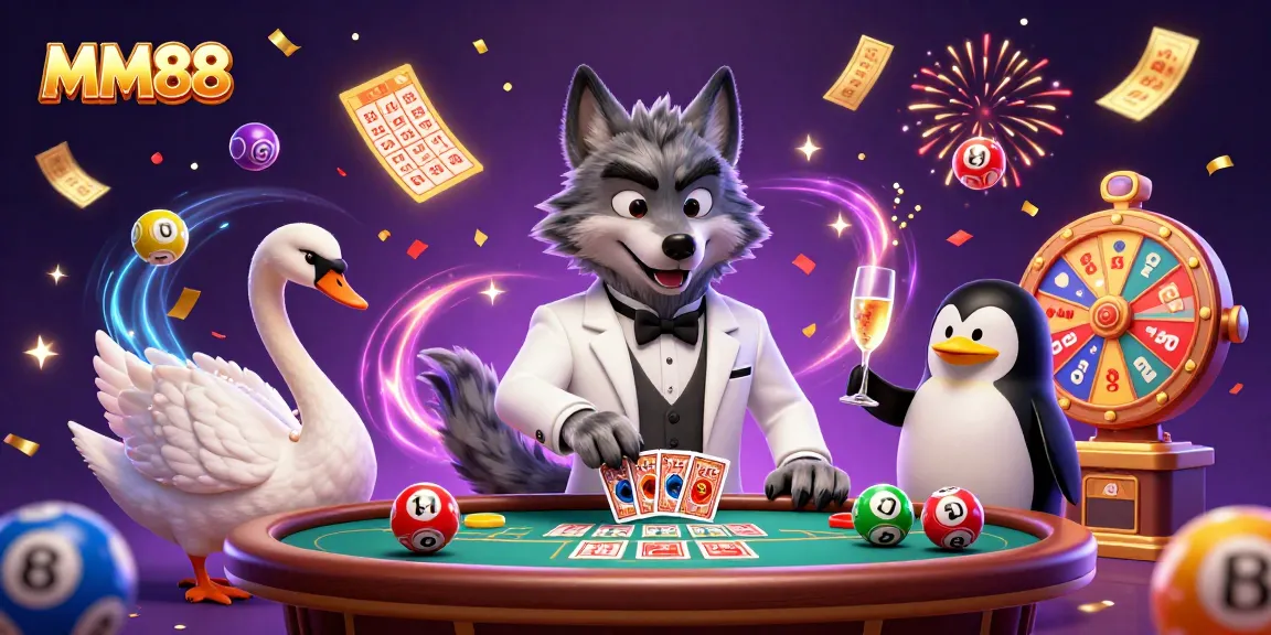 Experience vibrant MM88 action with animated characters around colorful lottery and casino elements.