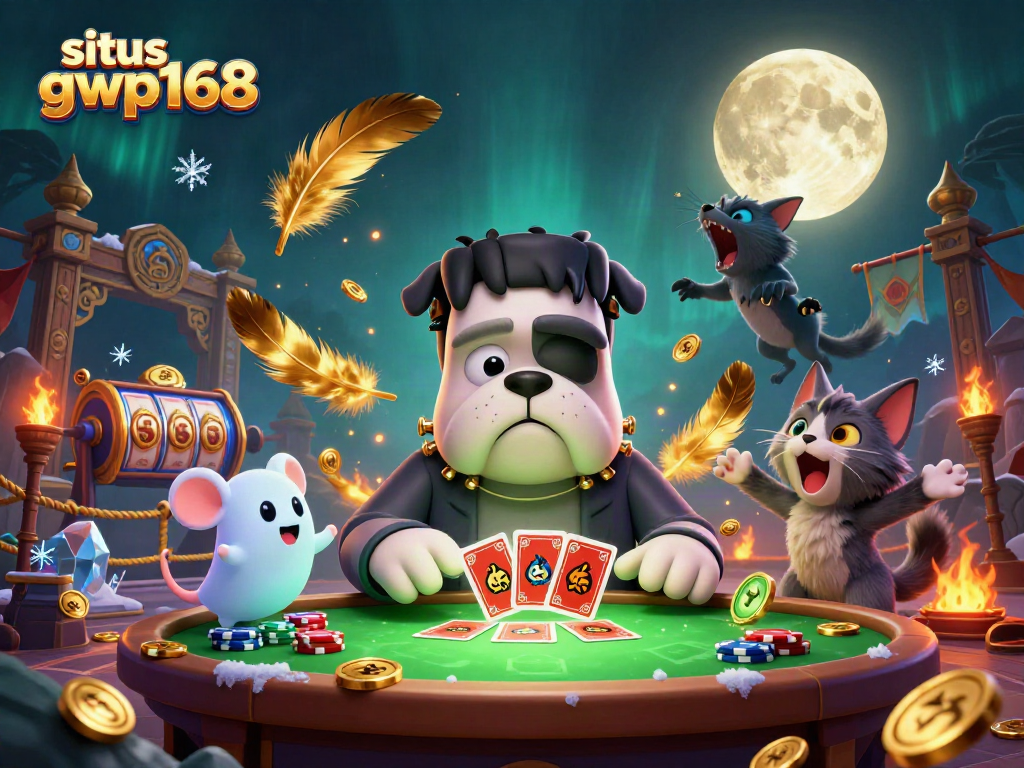 Memperlihatkan karakter situs gwp168 dengan bulldog Frankenstein yang berinteraksi di meja permainan, menambah keseruan taruhan.