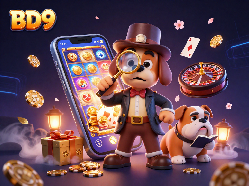 Engage with BD9's vibrant casino scene featuring a detective and bulldog uncovering treasure.