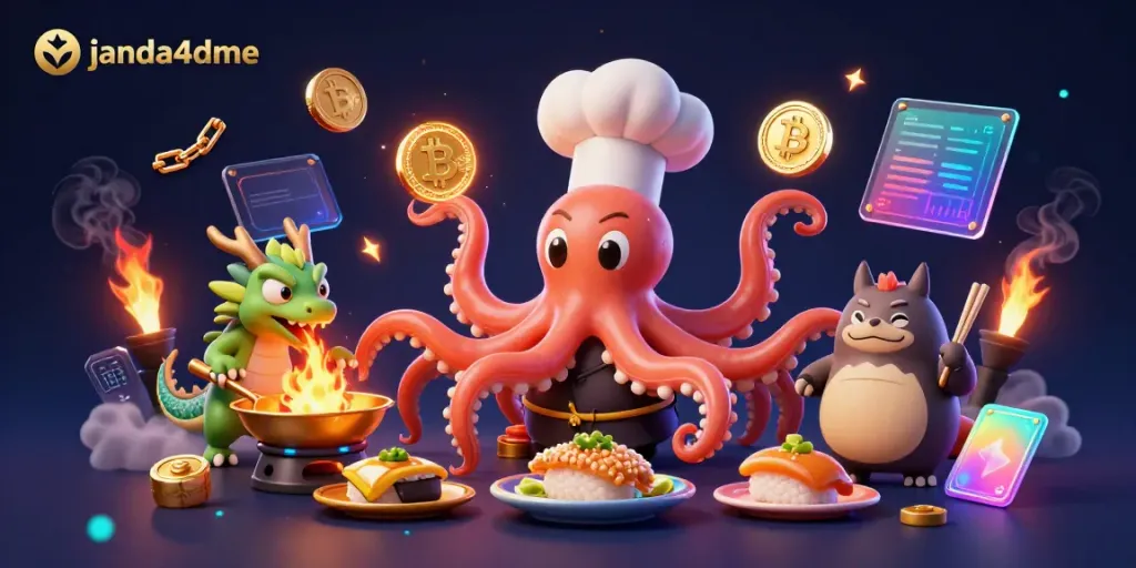 Gambar janda4dme dengan chef sushi 3D dan seekor naga wasabi, menyajikan hidangan emas di kasino online.