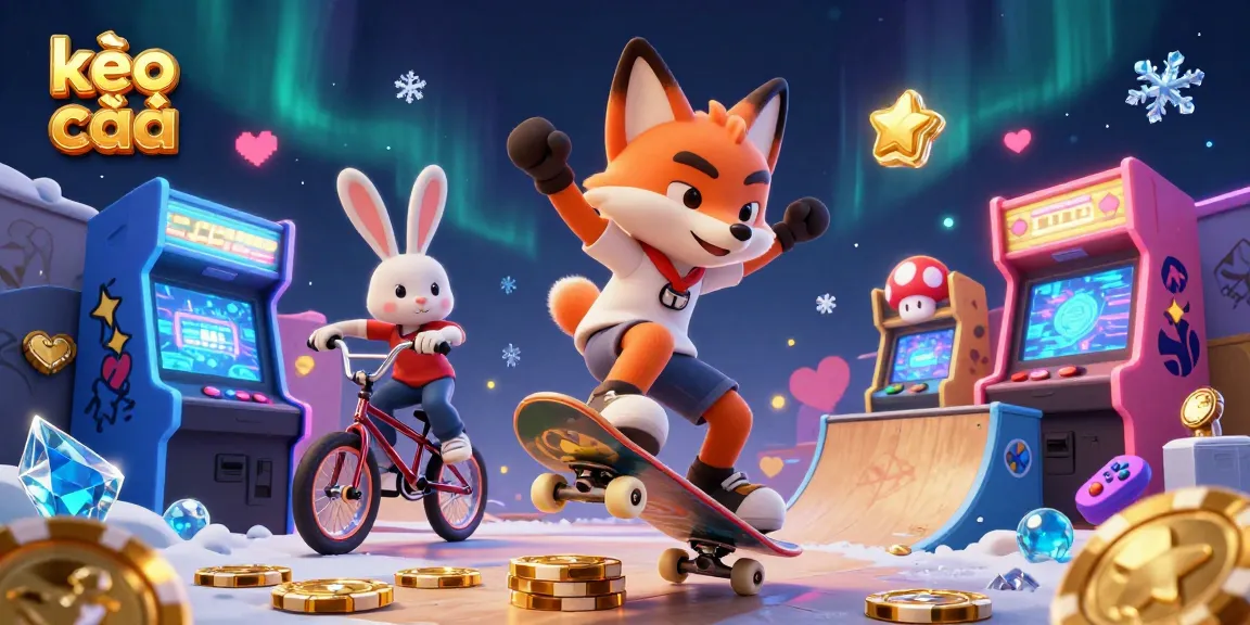 Experience the vibrant world of kèo nhà cái with a skateboarder fox and BMX rabbit in a casino-themed digital scene.