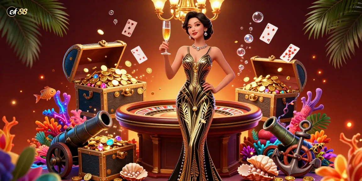 Join af88 in vibrant casino action with elegant Asian woman celebrating at a roulette table surrounded by treasures.
