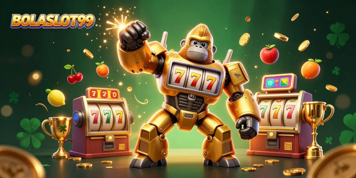 BOLASLOT99 showcases a thrilling 3D scene with a golden gorilla mech celebrating wins in a vibrant casino atmosphere.