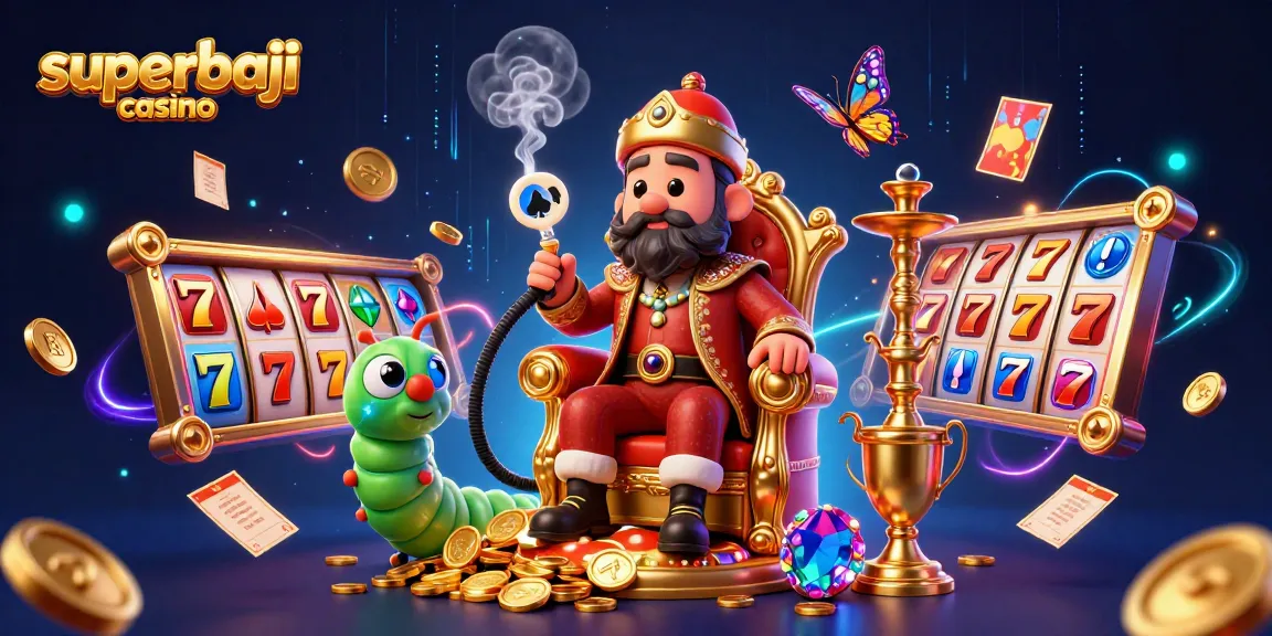 Engage with superbaji casino's vibrant 3D illustration showing an animated scene filled with slot elements and rich details.