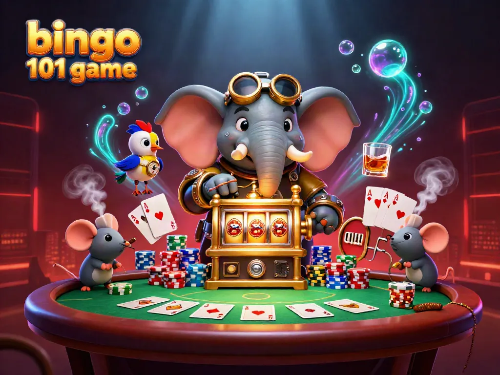 Gim bingo 101 menunjukkan karakter unik sambil bermain permainan kartu dan mesin slot.