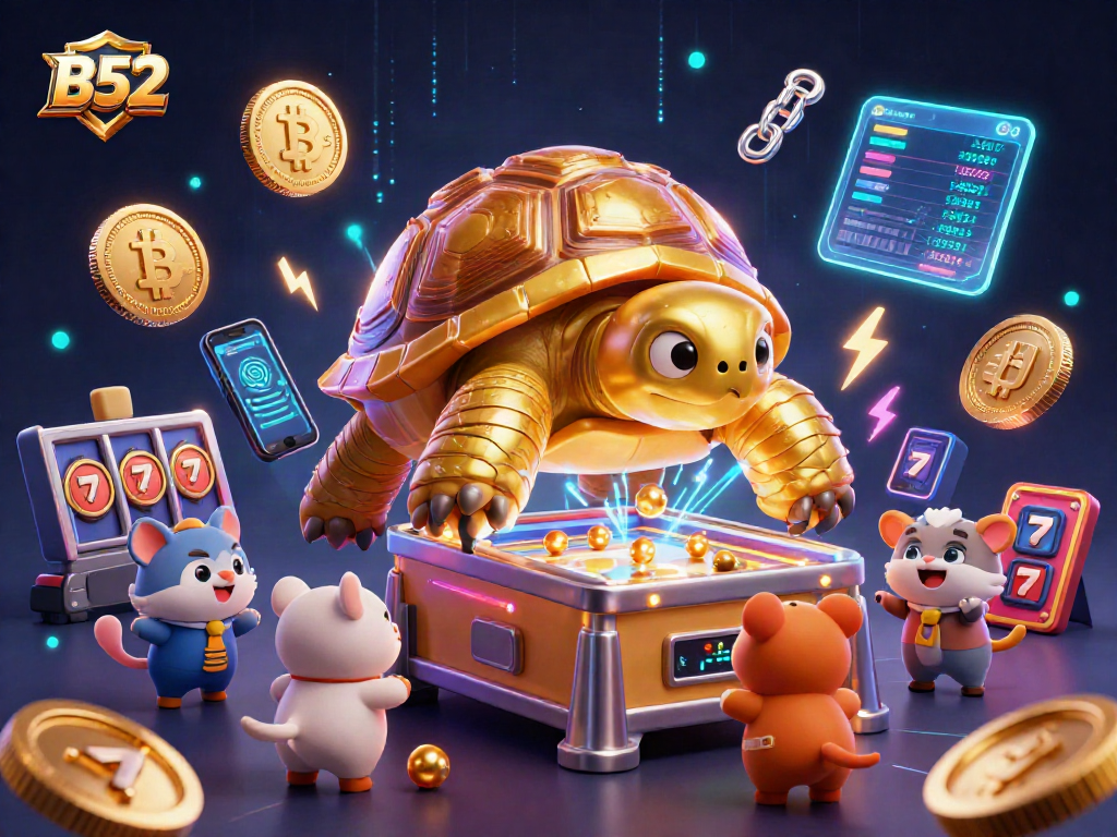 Engage with B52 slots featuring a golden tortoise pinball machine alongside vibrant crypto elements.