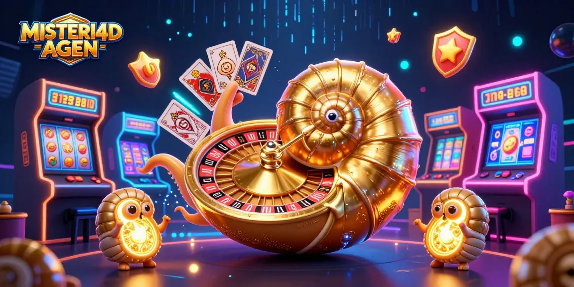 Engage with MISTERI4D AGEN featuring a vibrant 3D casino scene filled with slots and game elements.
