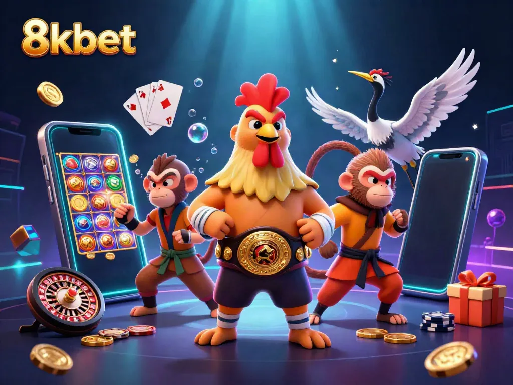 8kbet casino scene showcasing a dynamic battle among characters with casino elements and video games.