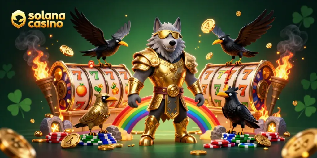 Experience the excitement of solana casino with Odin and ravens amidst vibrant slot reels and golden winnings.
