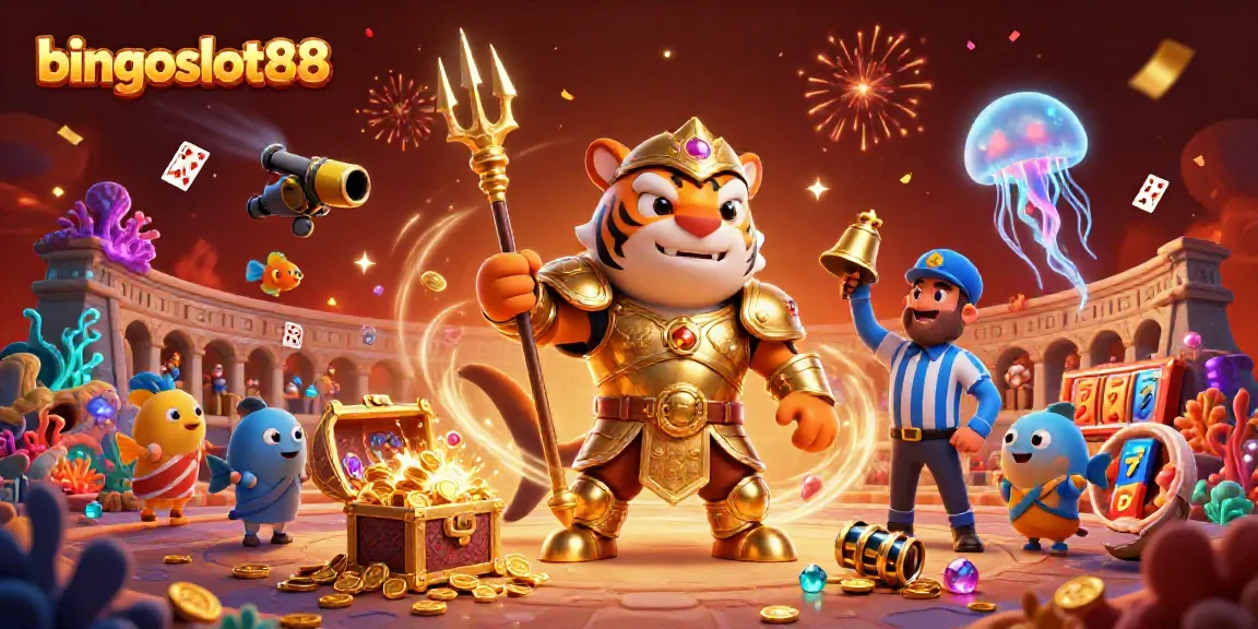 Bermain bingoslot88 dengan gulungan slot dan simbol keberuntungan di latar belakang bawah laut yang megah.